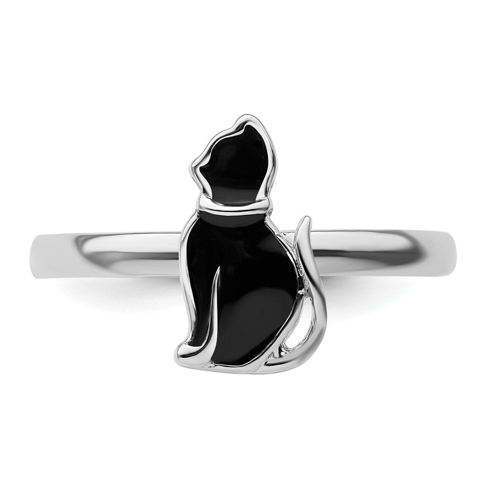 Sterling Silver Stackable Expressions Black Enameled Cat Ring Size -6