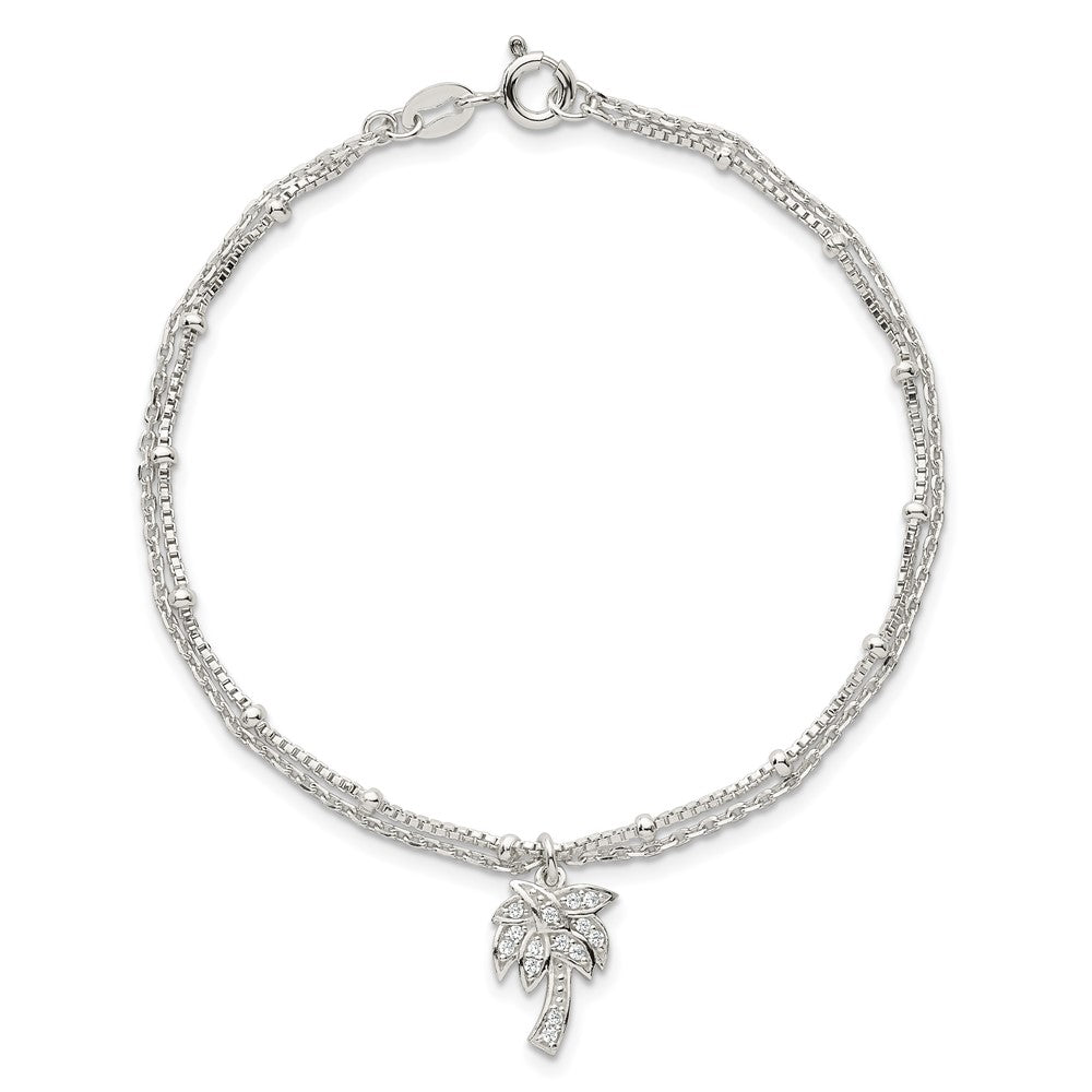 Sterling Silver Polished and Beaded White CZ Palm Tree Dangle Double Strand 7.5 inch Bracelet