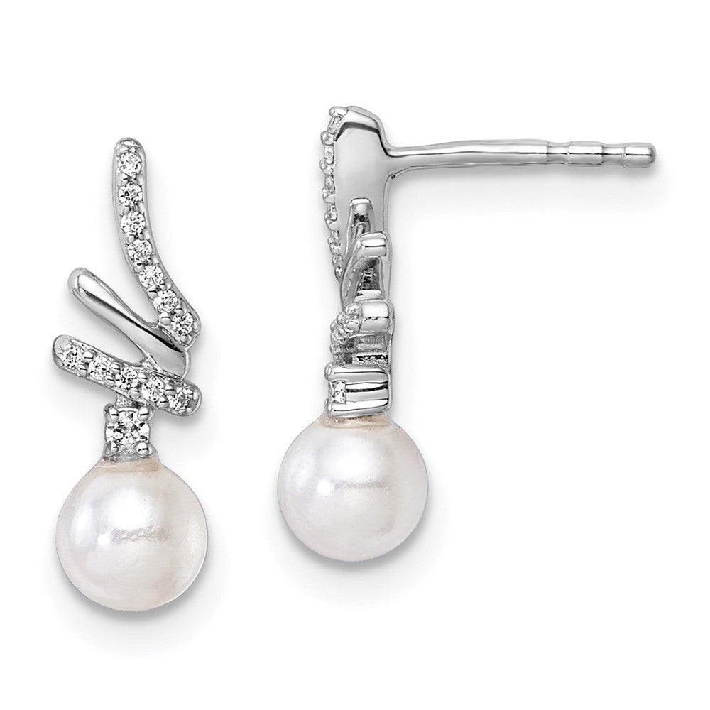 14K White Gold Polished Diamond and Pearl Drop Post Earrings