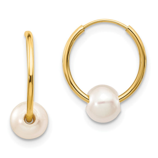 10k 5-6mm White Semi-round Freshwater Cultured Pearl Endless Hoop Earrings
