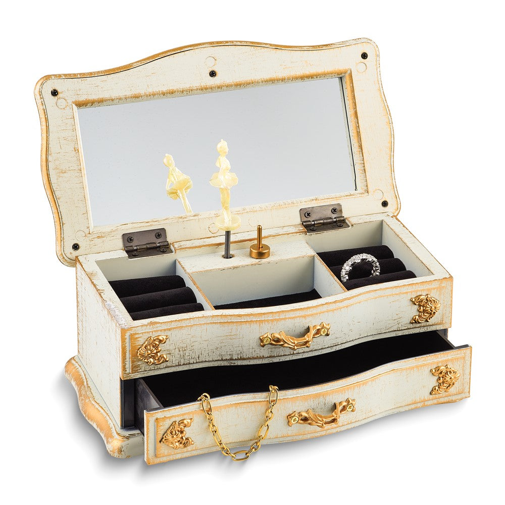 Antiqued White and Gold-tone Accent Floral Mirrored Musical Jewelry Box (Plays Fur Elise)