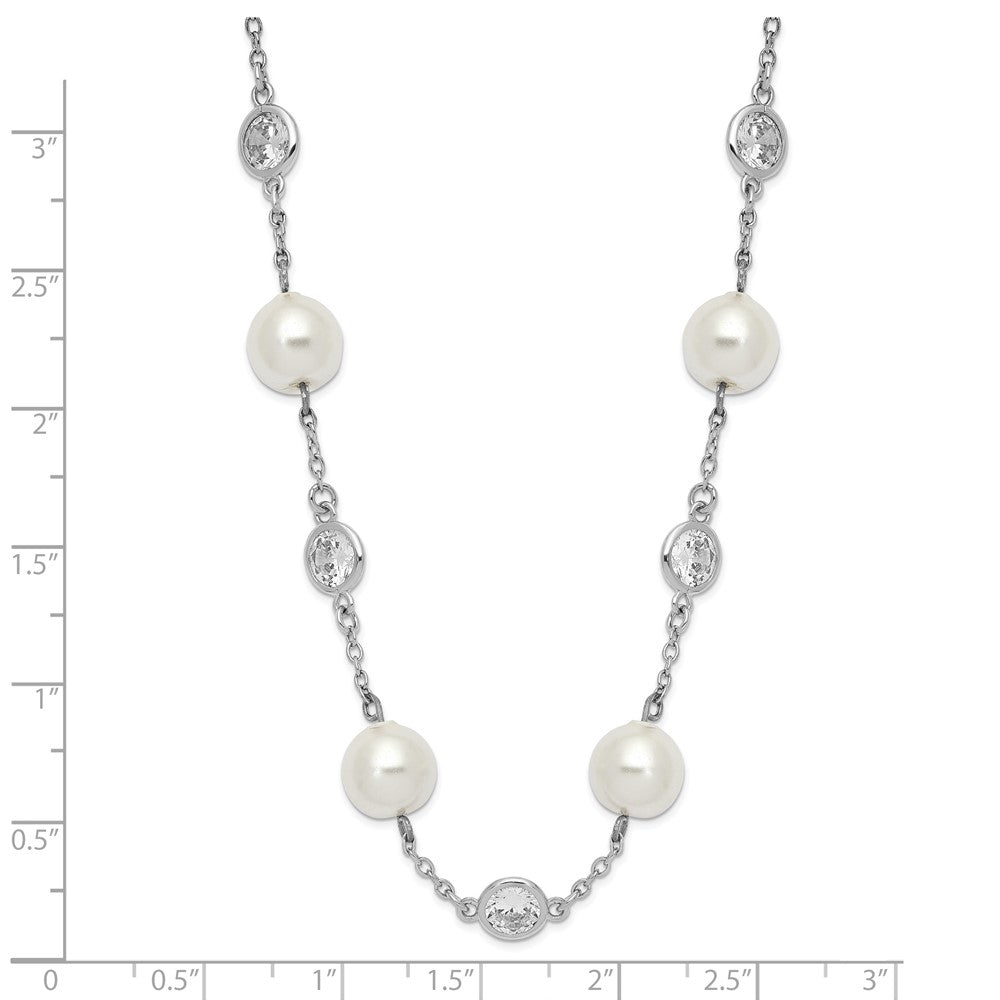 Cheryl M Sterling Silver Rhodium-plated Glass Pearl and Brilliant-cut CZ Bezel Station 18.25 Inch Necklace 18.25 Inches