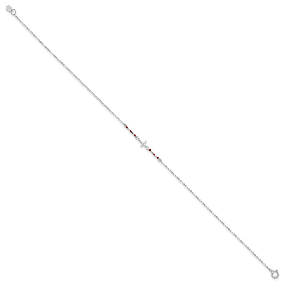 Sterling Silver Rhodium-plated Polished CZ Red Enamel Bead Cross Anklet 10 inches