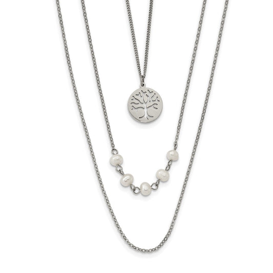 Stainless Steel Polished w/FWC Pearl Tree 31in w/2in ext  Necklace
