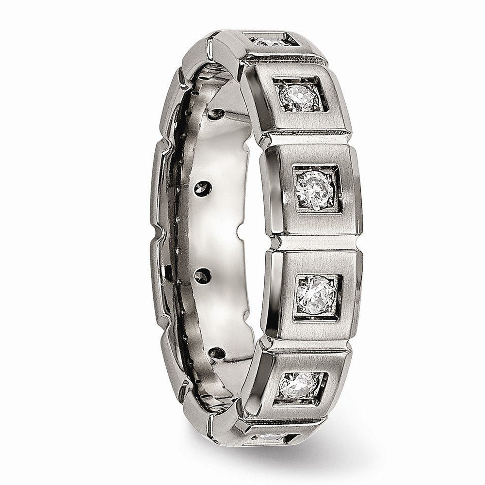 Titanium Brushed and Polished with CZ 5mm Grooved Band Size - 6.5