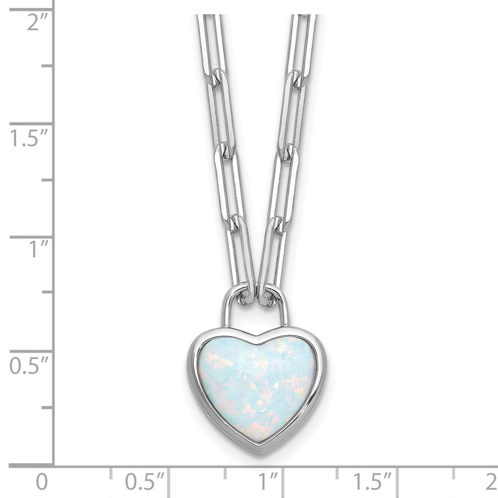Cheryl M Sterling Silver Rhodium-plated Polished Created Opal Heart Paperclip Link Necklace 18 Inches