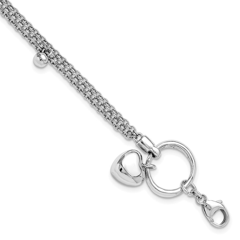 Sterling Silver Rh-plated Heart 3-strand w/ 1in ext. Bracelet 7  inches