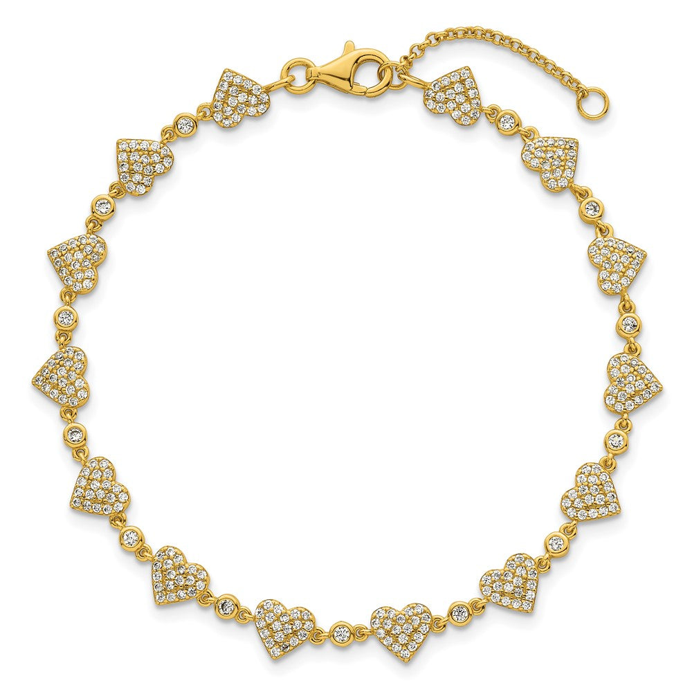 Sterling Silver Gold-tone Polished Pave CZ Hearts 7 Inch with 1 Inch Extension Bracelet 8 inches