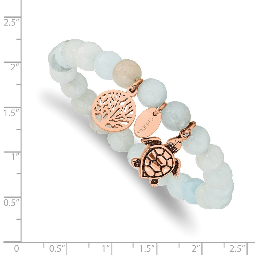 Stainless Steel Antiqued&Polished Rose IP Blue/Grey Dyed Jade Bracelet 6.25 inches