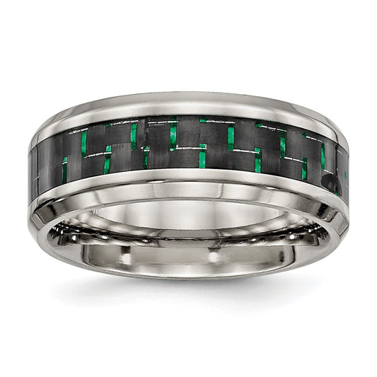Stainless Steel Polished Black/Green Carbon Fiber Inlay 8mm Band Size - 13