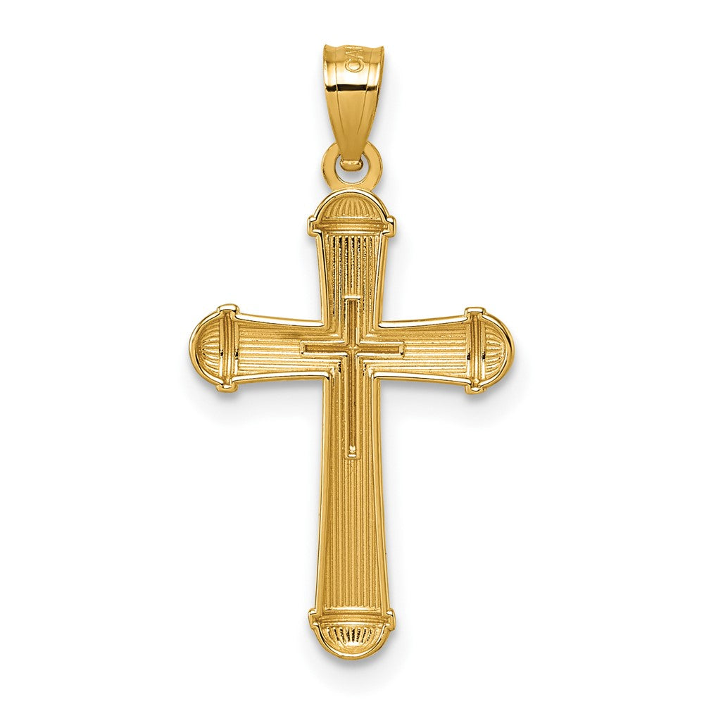 14k Polished and Diamond-cut Grooved Hollow Back Cross Pendant