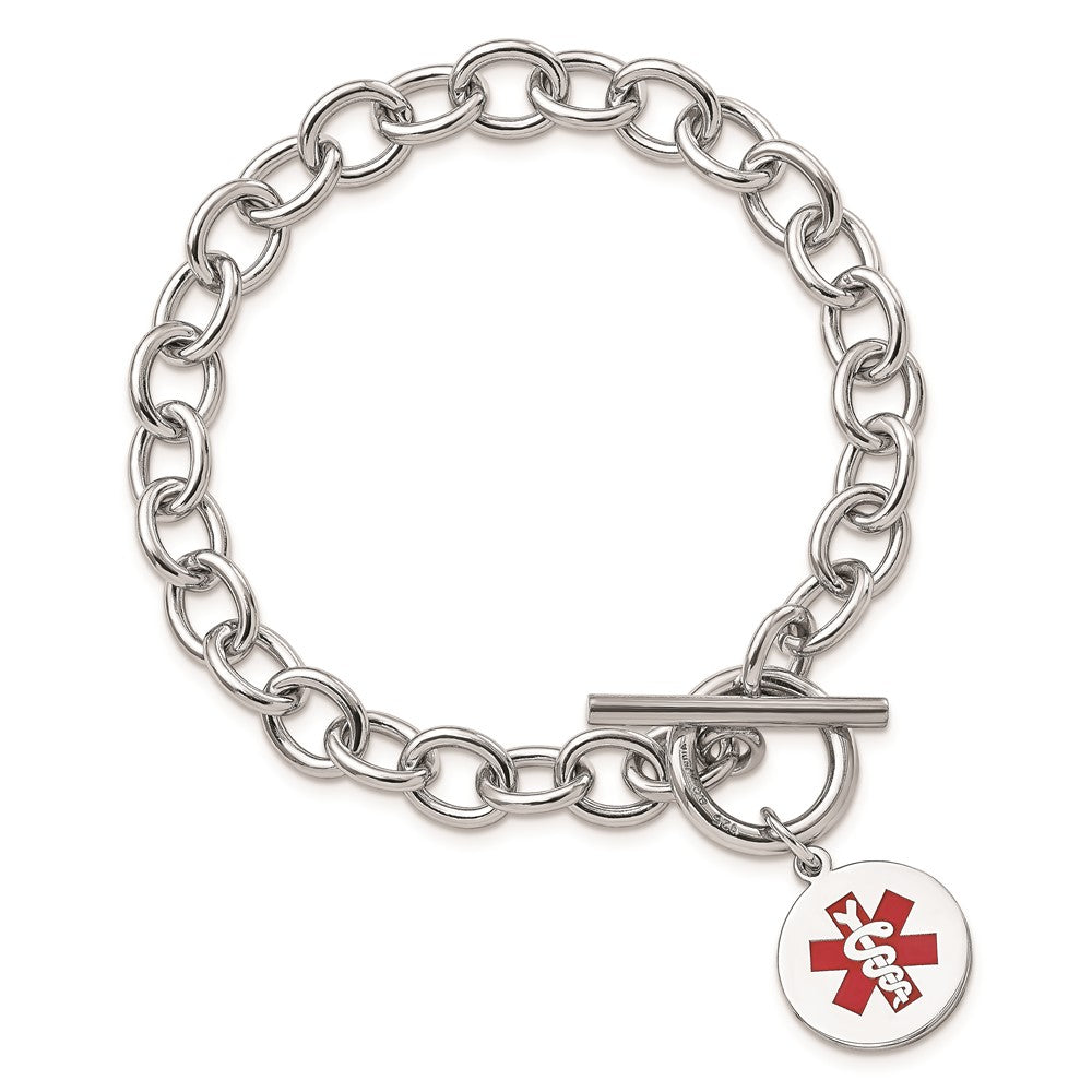 Sterling Silver Rhodium Engraveable Enamel Disc Medical ID Bracelet 7.75 inches