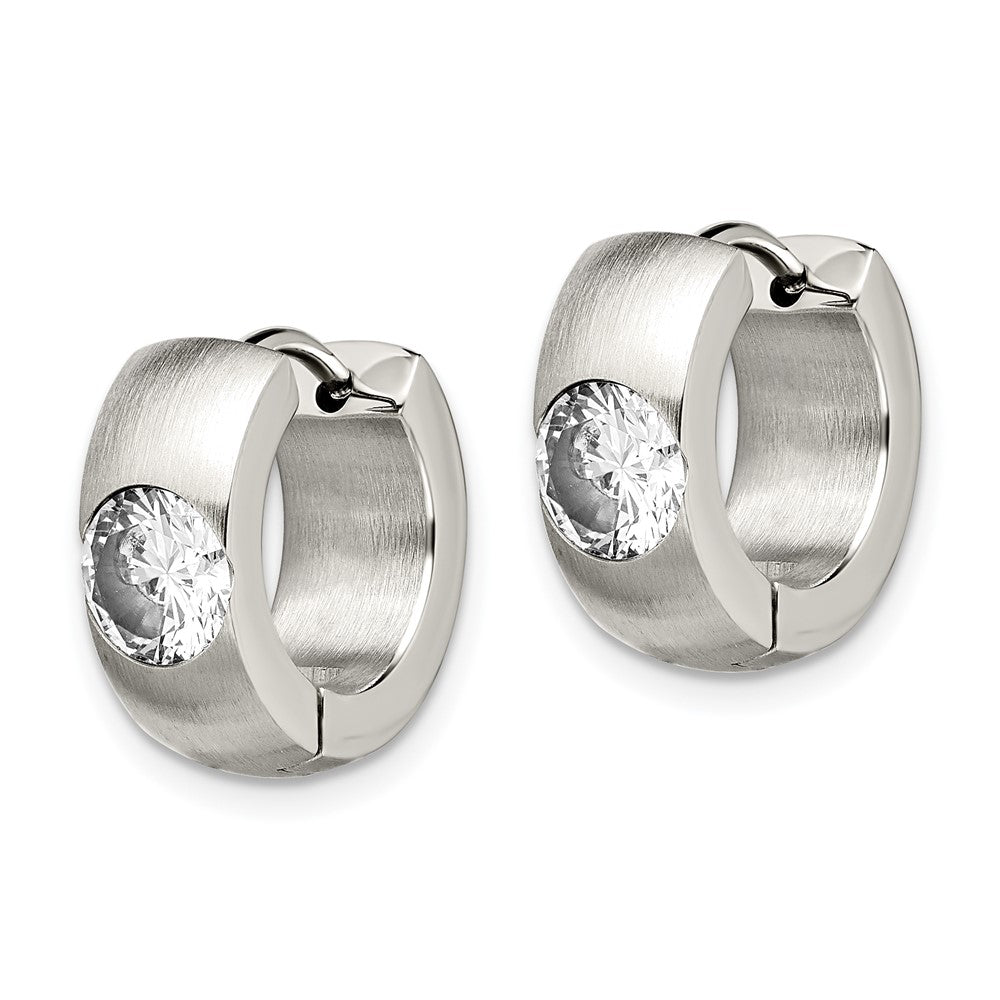Stainless Steel Brushed & Polished w/CZ Round 7mm Hinged Hoop Earrings