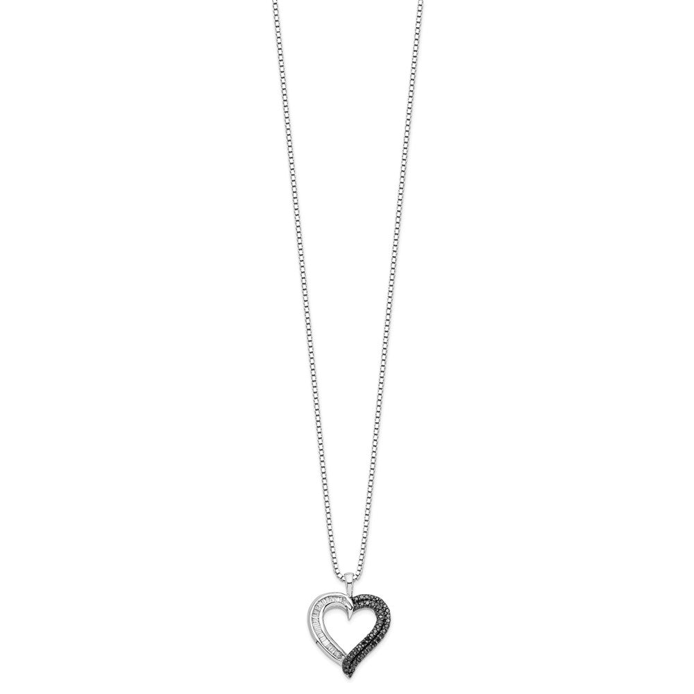 White Night Sterling Silver Rhodium-plated Black and White Diamond Heart 18 Inch Necklace with 2 Inch Extender 18 Inches