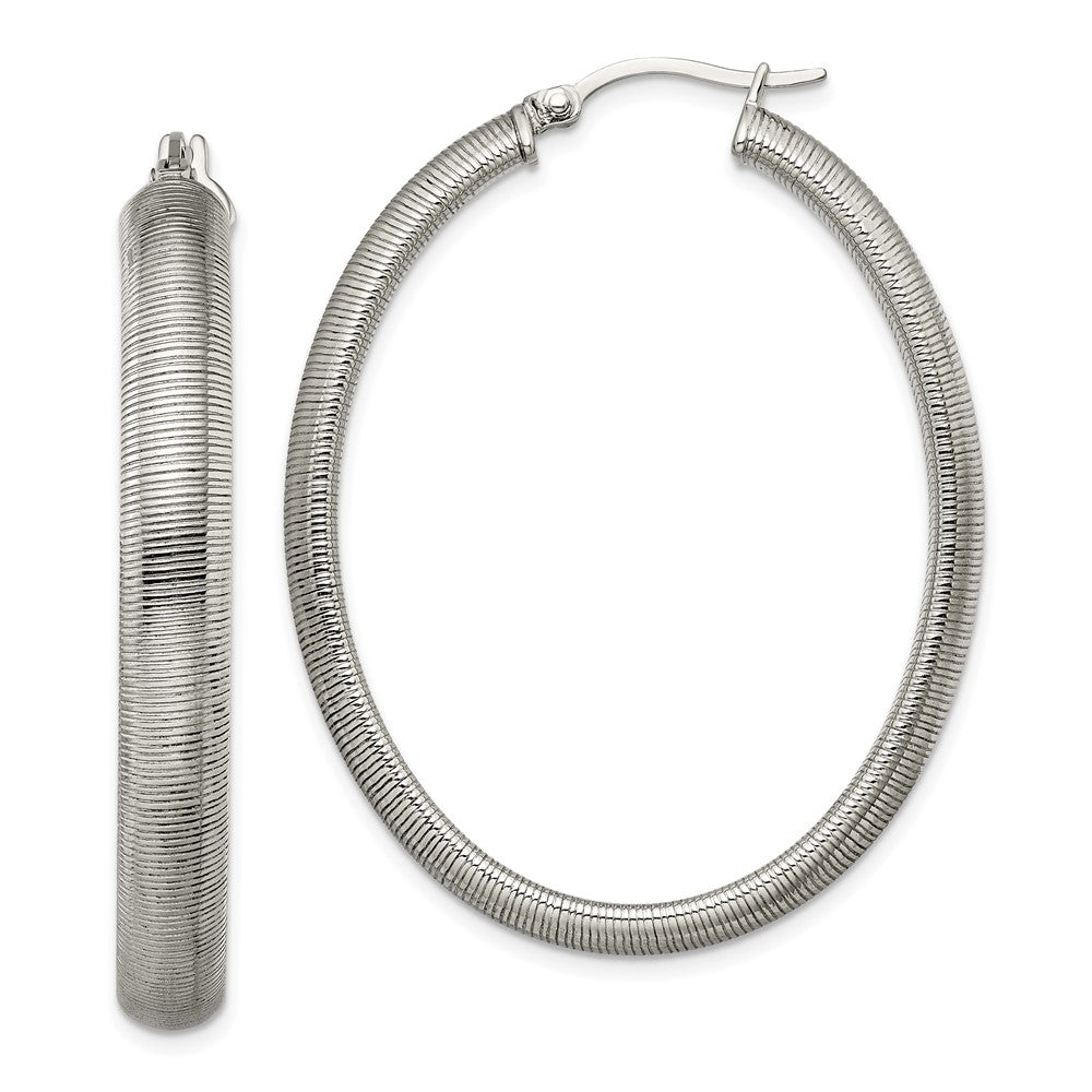 Stainless Steel Polished and Textured Oval Hoop Earrings