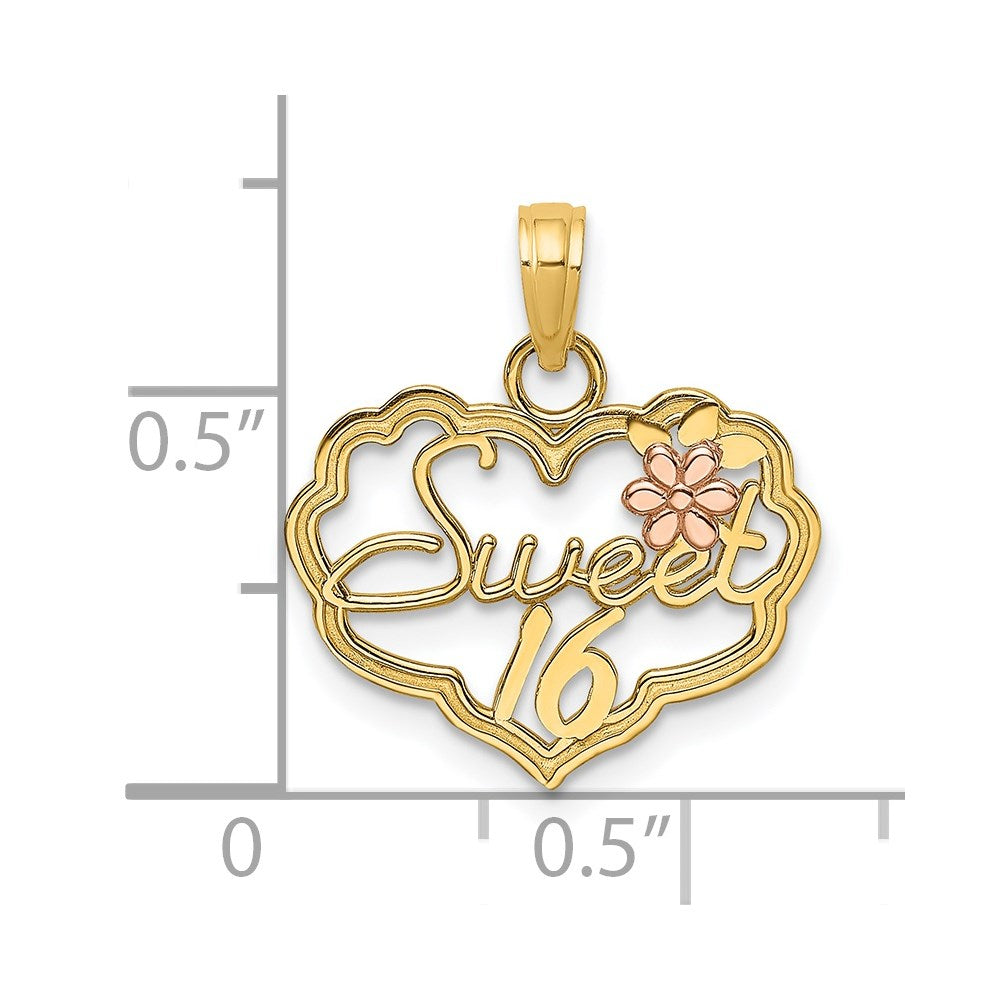 14k Two-Tone SWEET 16 Heart w/ Flower Charm