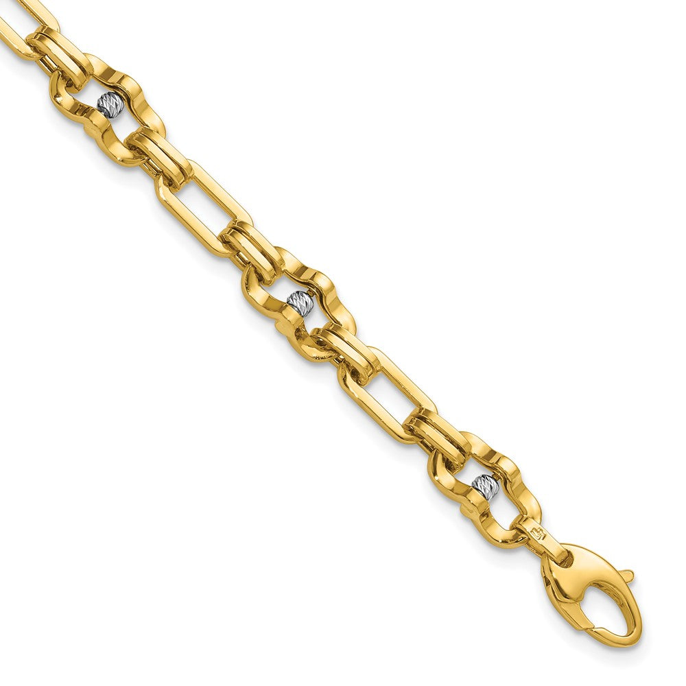 14K w/Wht RH Polished D/C Moveable Beaded Link Bracelet 7.5  inches