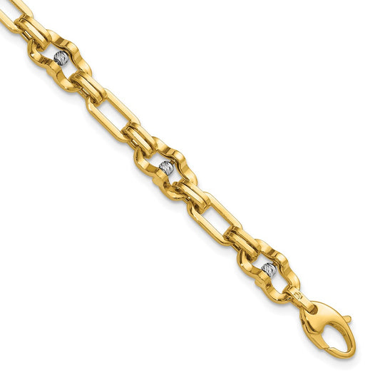 14K w/Wht RH Polished D/C Moveable Beaded Link Bracelet 7.5  inches
