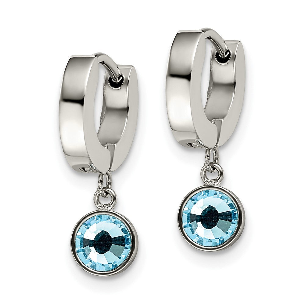Stainless Steel Polished w/Blue Preciosa Crystal Dangle Hinged Hoop Earring
