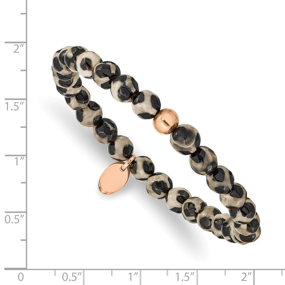 Stainless Steel Polished Rose IP Black and White Agate Stretch Bracelet 6.25 inches
