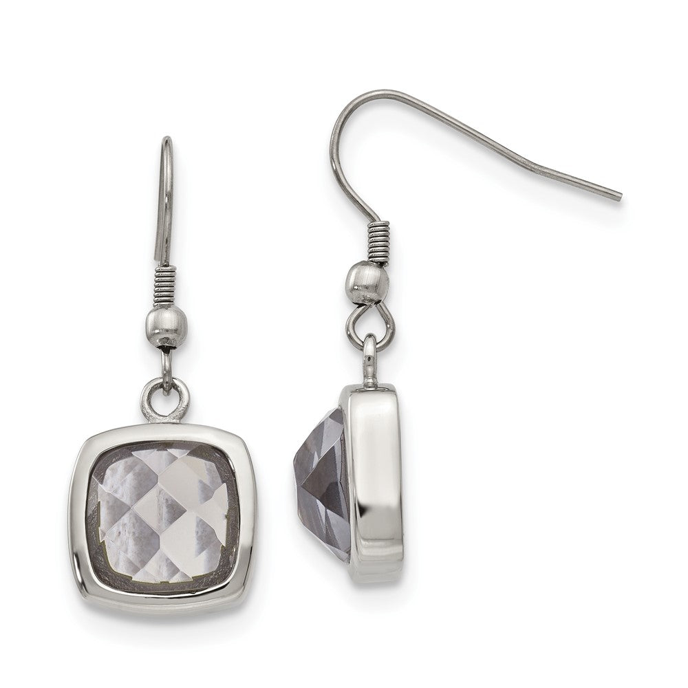 Stainless Steel Polished Square Grey Glass Shepherd Hook Earrings