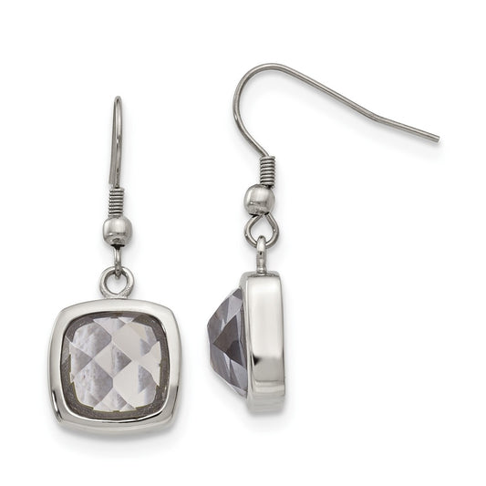 Stainless Steel Polished Square Grey Glass Shepherd Hook Earrings