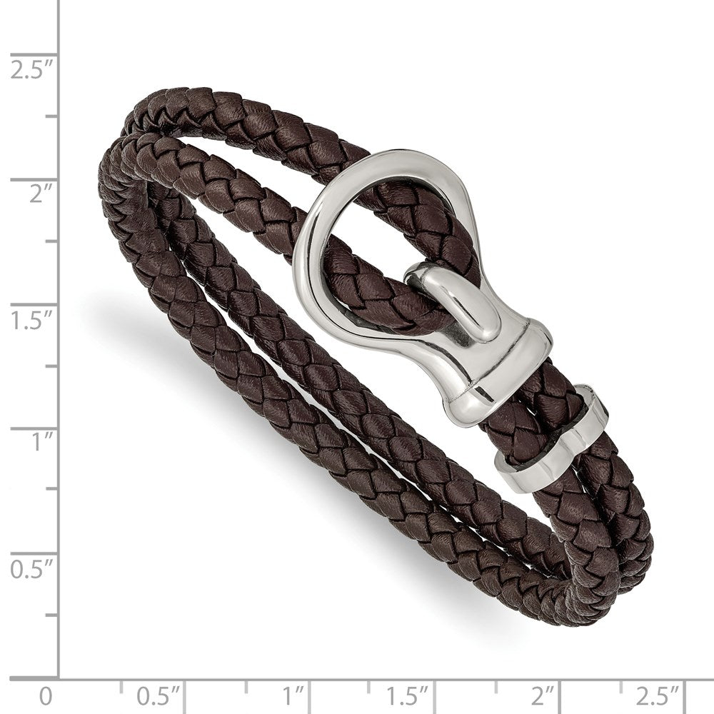 Stainless Steel Polished Braided Brown Leather 8in Bracelet 8 inches