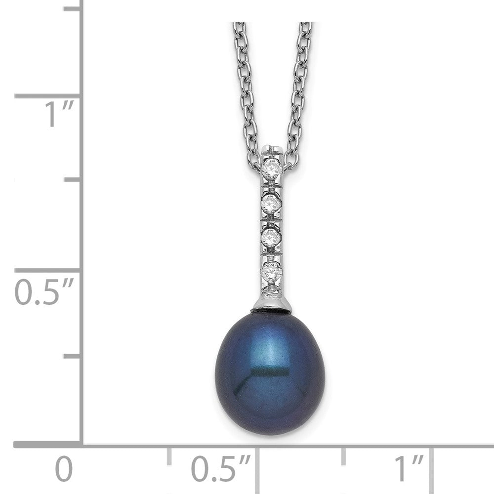 Sterling Silver Rhodium-plated 7-8mm Black Teardrop Freshwater Cultured Pearl and CZ 17 inch Necklace 17 Inches