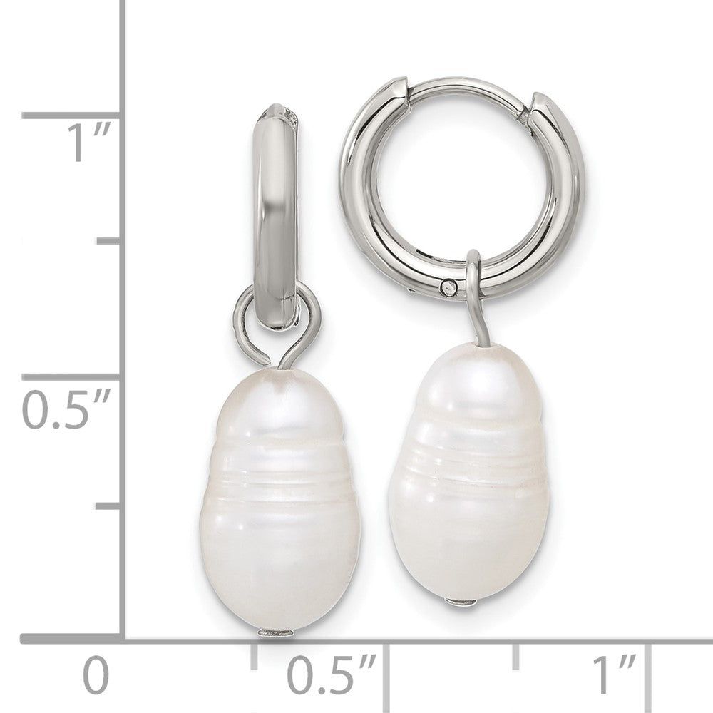 Chisel Stainless Steel Polished White Baroque Freshwater Cultured Pearl Dangle Hinged Hoop Earrings