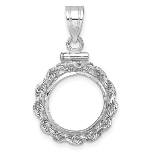 Wideband Distinguished Coin Jewelry 14k White Gold Polished Rope 13.0mm x 1.1mm Screw Top Coin Bezel Pendant