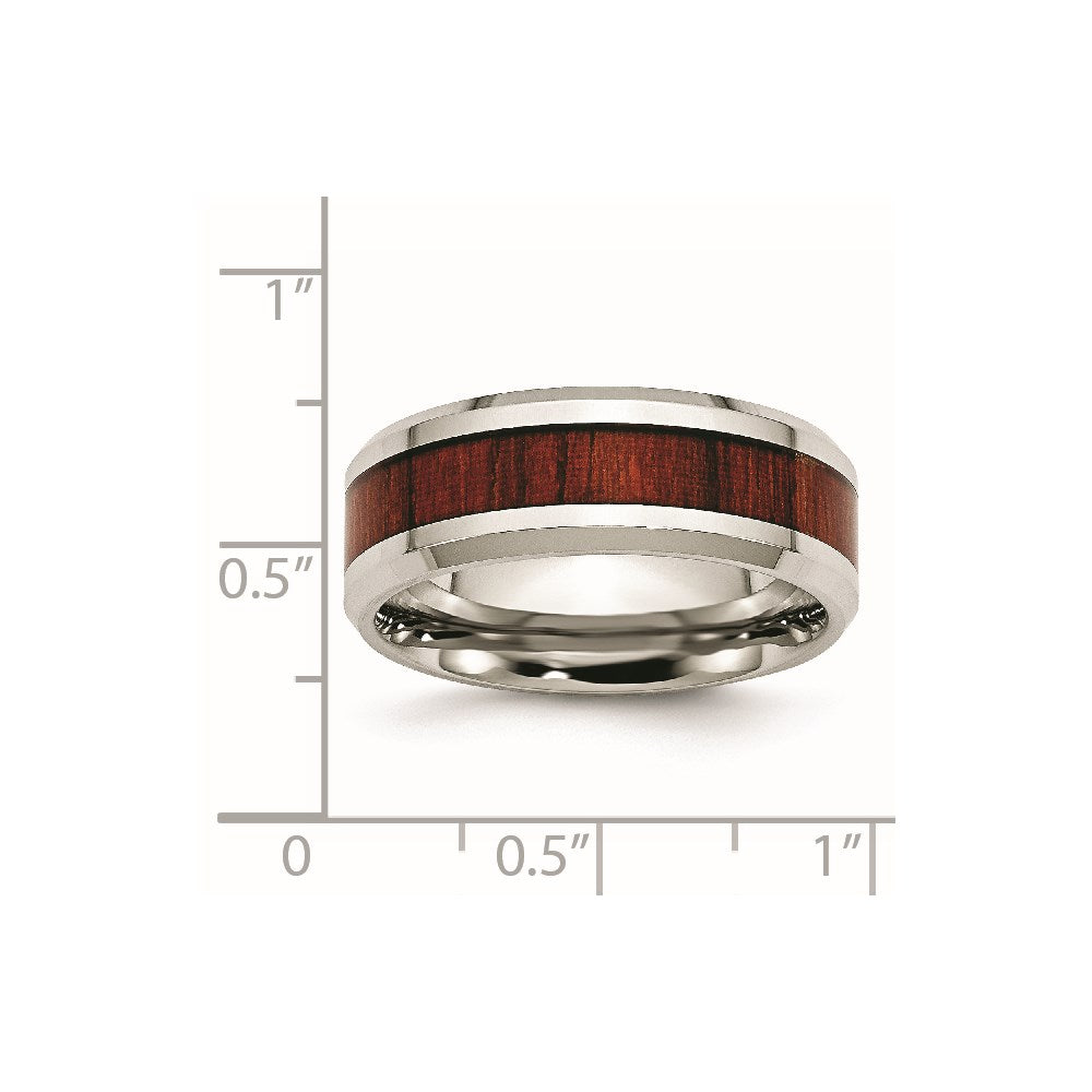 Stainless Steel Polished Red Koa Wood Inlay Enameled 8mm Band Size - 12