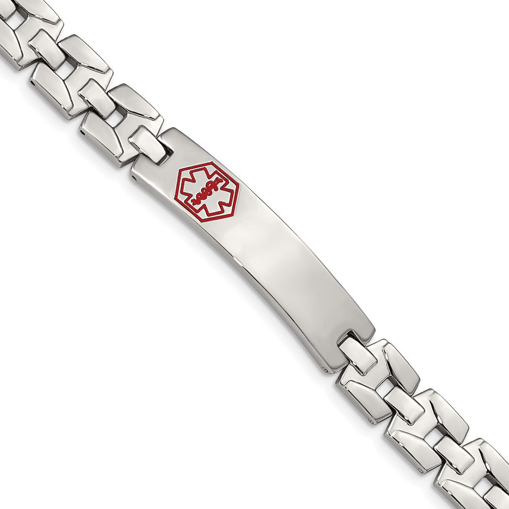 Stainless Steel Brushed & Polished Red Enamel 8in Medical ID Bracelet 8 inches