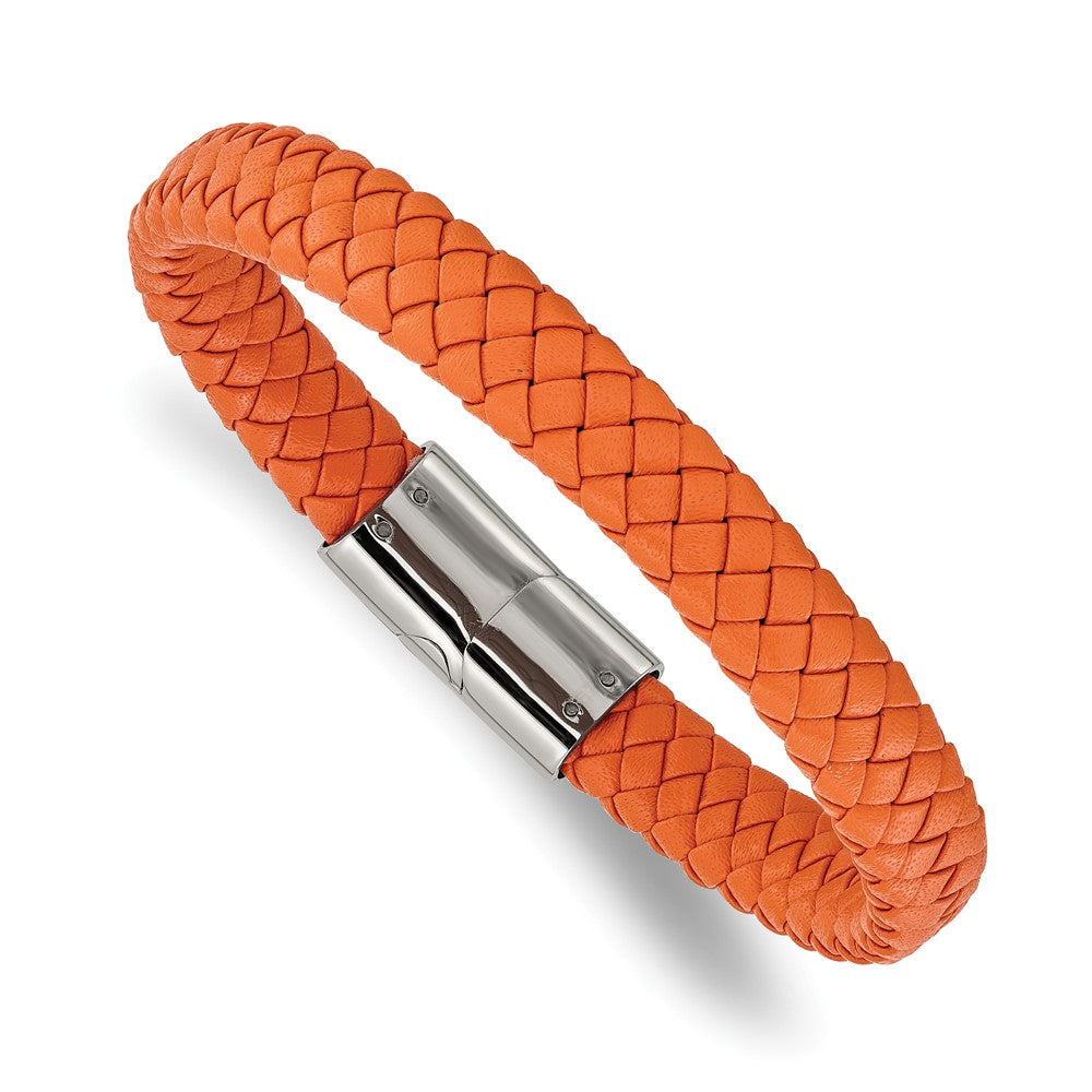 Chisel Stainless Steel Polished Braided Orange Leather 8.25 inch Bracelet 8.25 inches