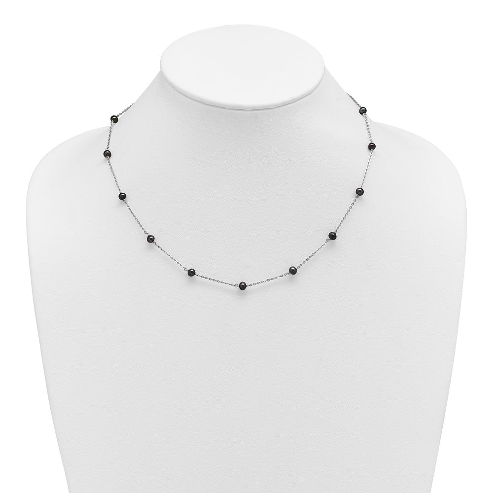 Sterling Silver Rhodium-plated 4-5mm Black Semi-Round Freshwater Cultured Pearl 14-Station 18 inch Necklace 18 Inches