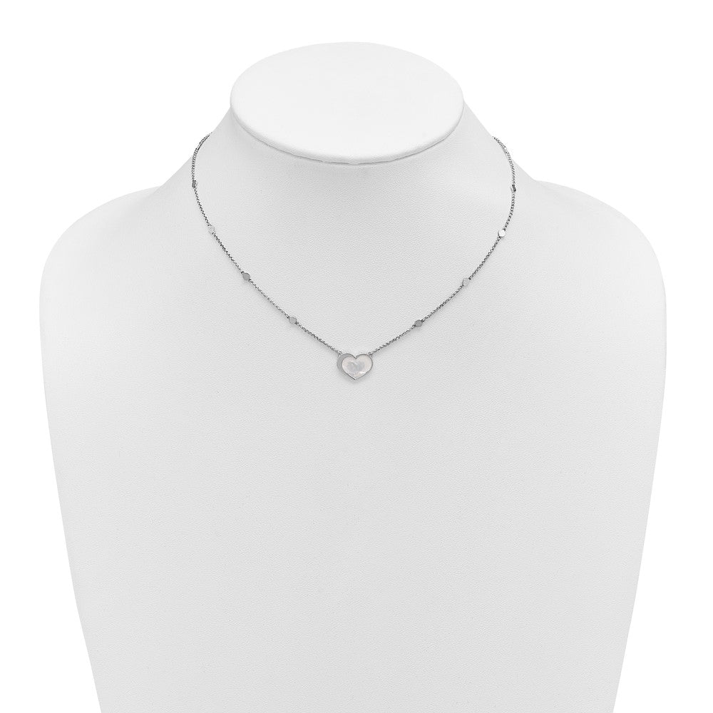 Sterling Silver Rhod-plated Mother of Pearl Heart 16in w/1in ext Necklace 16 Inches