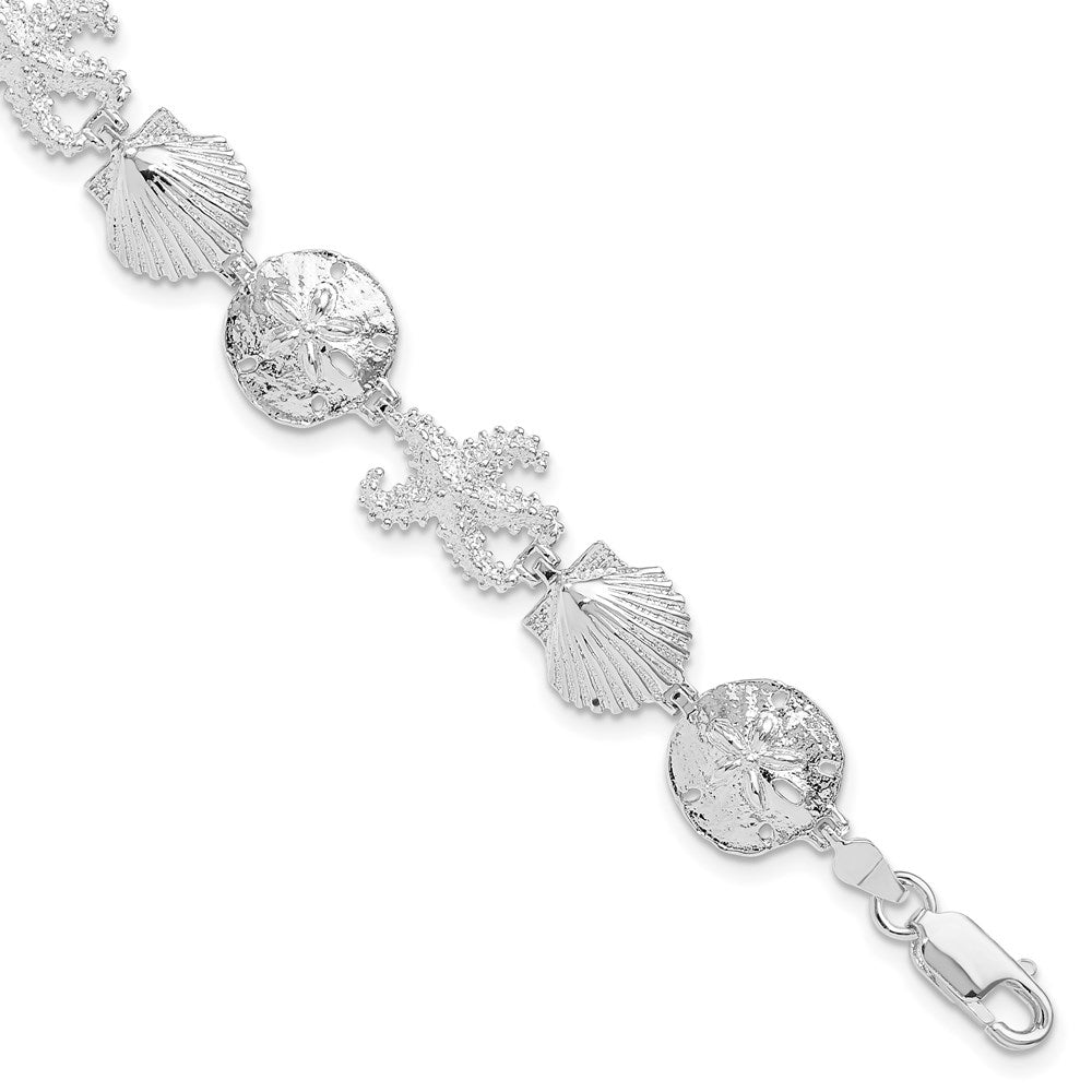 De-Ani Sterling Silver Rhodium-Plated Polished Starfish / Shell / Sand Dollar Bracelet 7.25 inches
