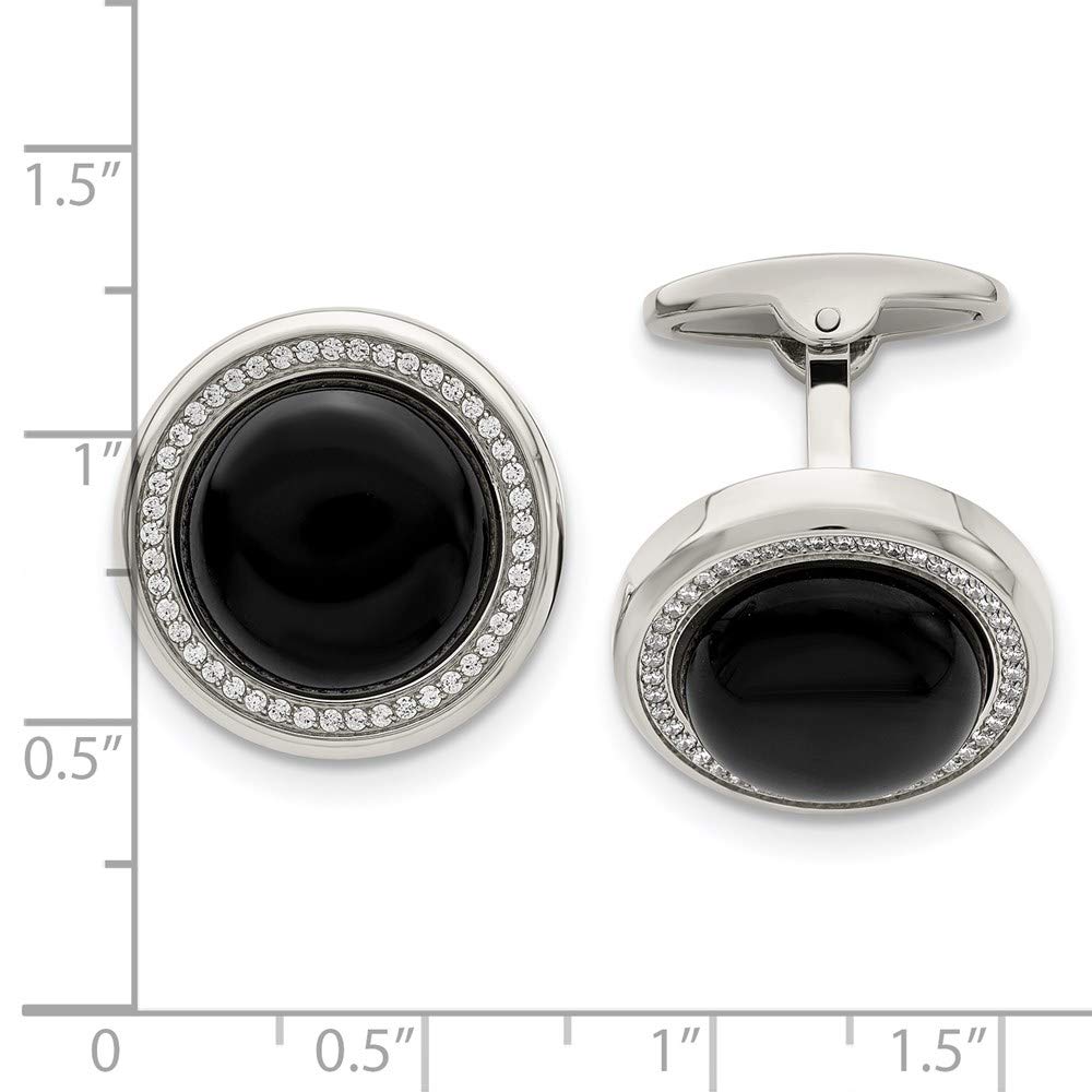 Stainless Steel Polished with CZ and Onyx Circle Cuff Links