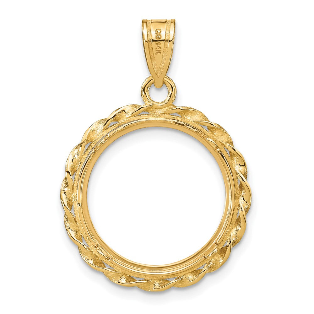 Wideband Distinguished Coin Jewelry 14k Polished Diamond-cut and Wide Twisted Wire 16.5mm Prong Coin Bezel Pendant