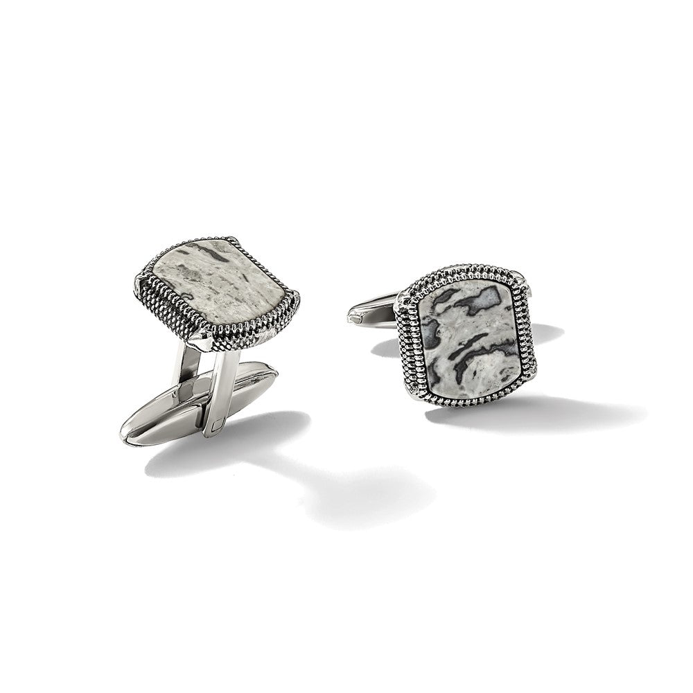 Stainless Steel Antiqued and Polished Jasper Cuff Links