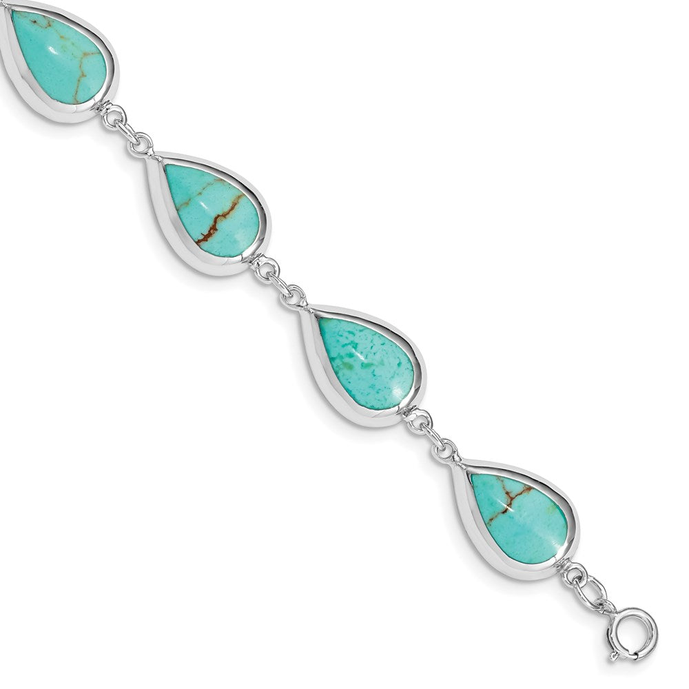 Sterling Silver Rhodium-plated Teardrop Synthetic Turquoise Bracelet 7.75 inches