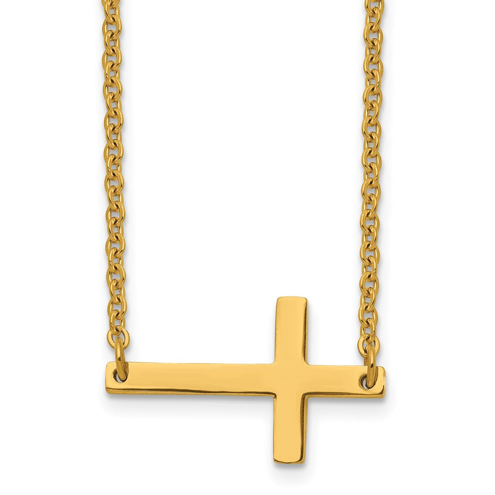 Stainless Steel Polished Yellow IP-plated Sideways Cross 18in Necklace