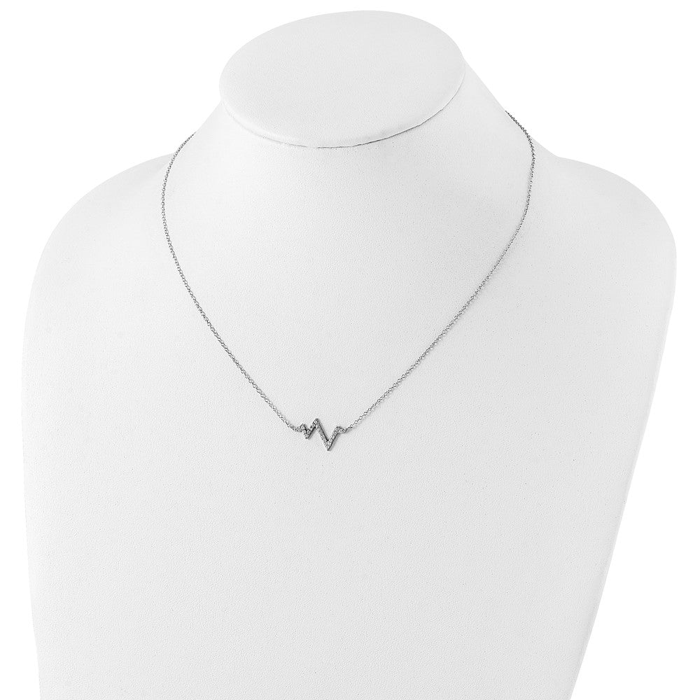 Sterling Silver Rhodium-plated CZ Heartbeat w/2in ext. Necklace 16 Inches