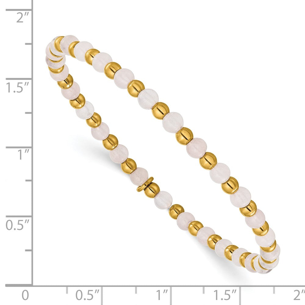 Chisel Stainless Steel Polished Yellow IP-plated 3mm Pink Quartz Beaded 6.25 inch Stretch Bracelet 6.25 inches