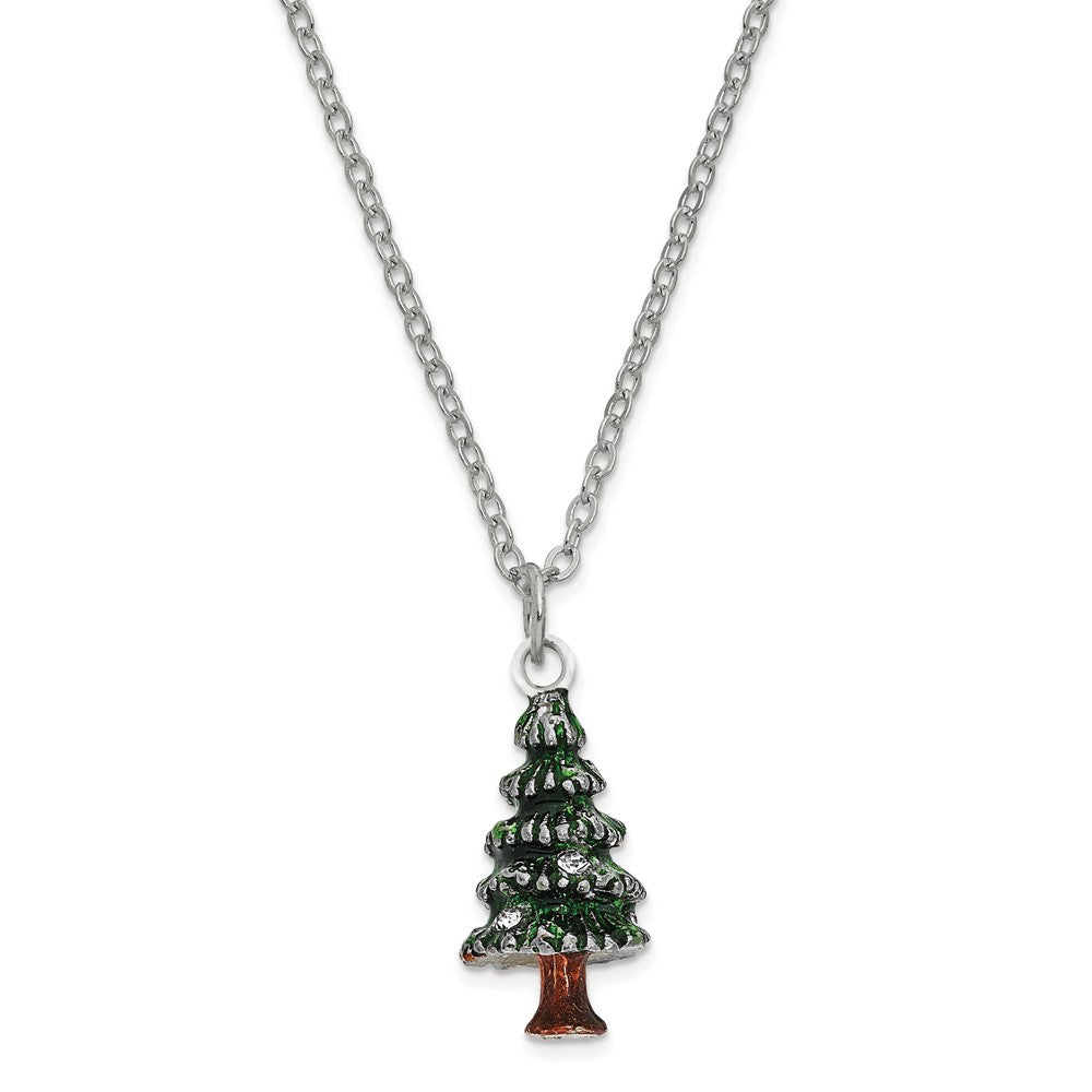 Luxury Giftware Pewter Bejeweled Crystals Silver-tone Enameled NOSTALGIA Christmas Tree Trinket Box with Matching 18 Inch Necklace