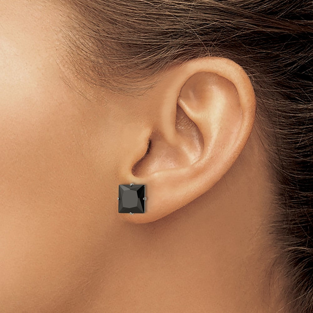 Stainless Steel Polished 9mm Black Square CZ Stud Post Earrings