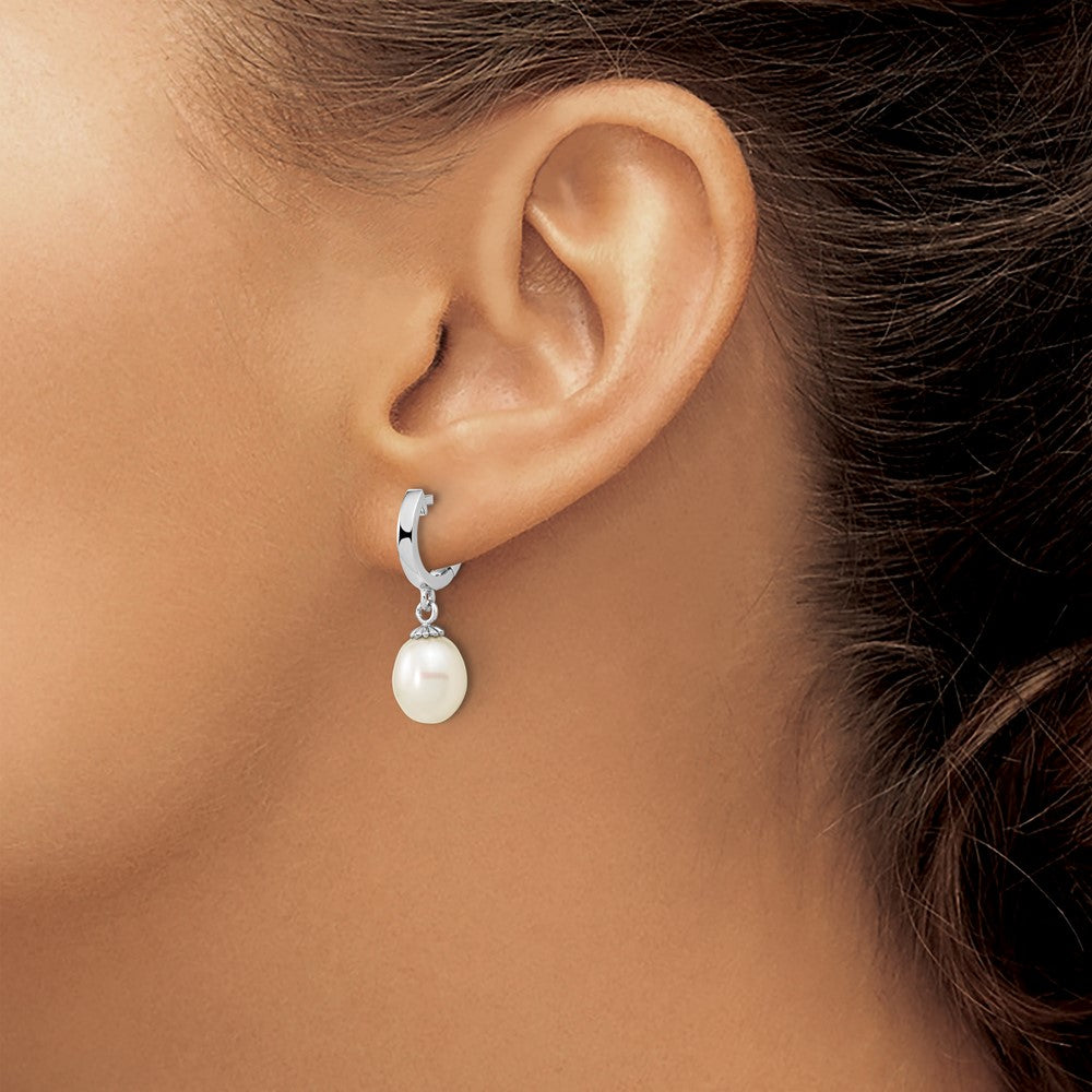 Sterling Silver Rhodium-plated 8-9mm White Teardrop Freshwater Cultured Pearl Dangle Hoop Earrings