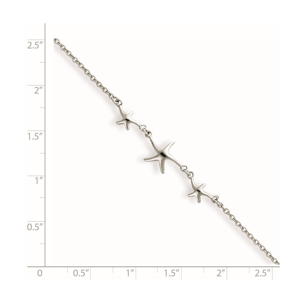 Sterling Silver Rhodium-plated 10in w/1in ext Three Stars Anklet 10 inches