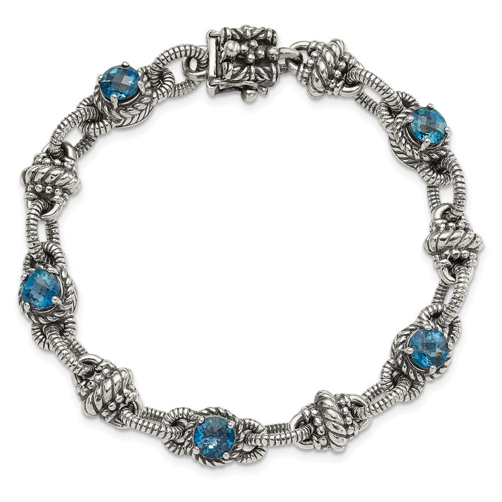 Shey Couture Sterling Silver 7.75 inch Antiqued Round London Blue Topaz Bracelet 7.75 inches