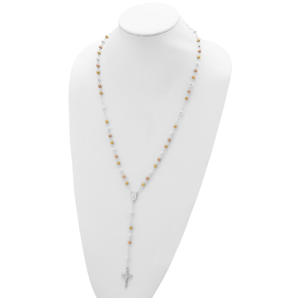 Sterling Silver Tri-color Polished Textured Bead Rosary 26 inch Necklace 26 Inches
