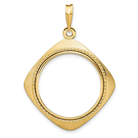 Wideband Distinguished Coin Jewelry 14k Polished Textured and Beaded Diamond Shaped 22.0mm Prong Coin Bezel Pendant